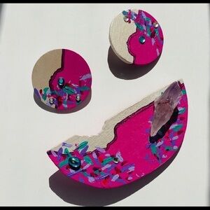 💜3/$30 Tickled Pink Earrings and Brooch, Handmade